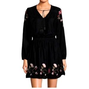 Boho Floral Embroidered Black Velour Dress
